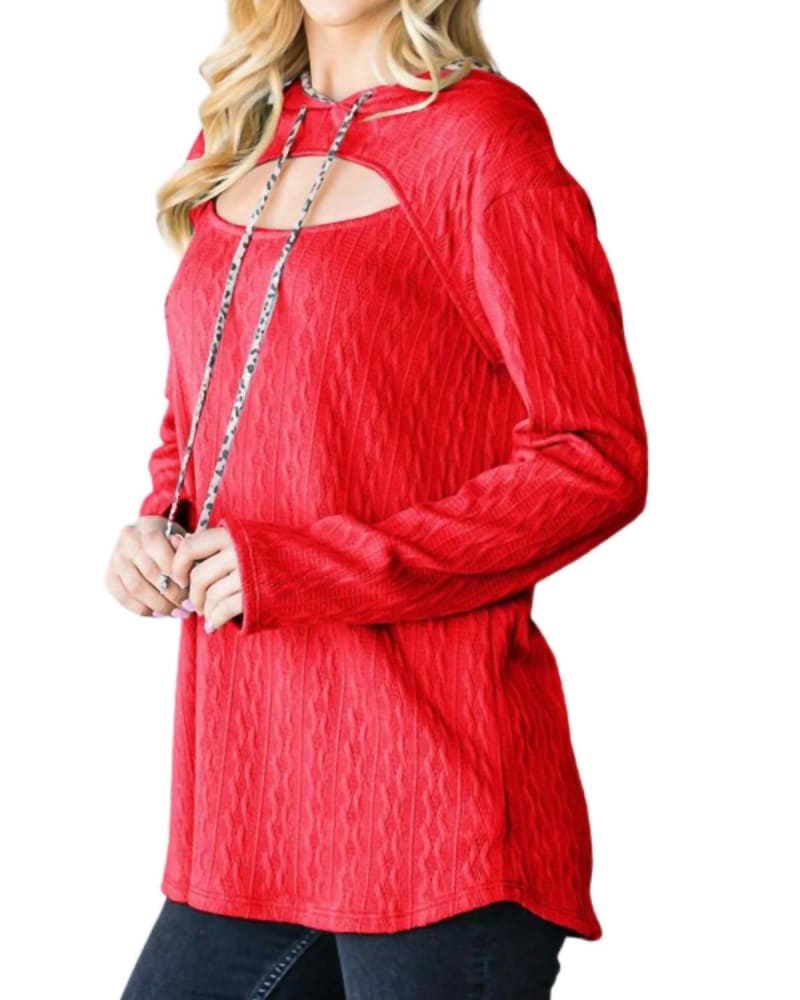 Front of a model wearing a size 2X Long Sleeve Peekaboo Top in Red in Red by HEIMISH USA. | dia_product_style_image_id:334443
